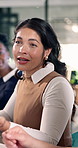 Woman, meeting and proposal with business team in office for project discussion, strategy or planning. Female person, employee or talking to group for company idea, agenda or tasks in workplace