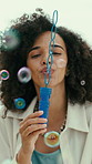 Fun, face or woman at beach with bubbles, positive emotions or happy moment on summer trip. Portrait, smile or person with blowing toy, carefree vacation or playful activity on outdoor getaway.