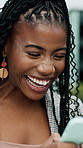 Laughing, black woman and happy with phone for text message, communication or networking. Female person, smile and outdoor for social media, post or funny meme for connection, fun or entertainment
