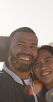 Selfie, happy and couple on beach for holiday, getaway or weekend with bonding together. Smile, flare and man with woman for photography picture by ocean for memory in marriage on summer vacation.