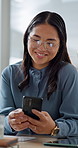 Business, typing and happy woman with phone in office for social media or network connection. Female person, employee or texting with smile on smartphone for mobile conversation or chat in workplace