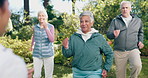 Park, running and senior people with personal trainer for fitness, exercise or training for wellness. Retirement, health club and cardio with instructor in nature, happy and workout class with group