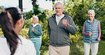 Senior people, outdoor and running for fitness, training routine and exercise with personal trainer. Retirement, health club and cardio with instructor in nature, happy and workout with group at park