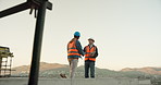 Handshake, tablet and talking with men on construction site for deal, meeting or planning. Agreement, building and technology with architect people shaking hands on worksite for project management