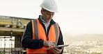 Man, outdoor and construction worker on site with tablet for update on renovation with scaffolding. Tech, research and mature civil engineer with feedback on repairs, maintenance or building.