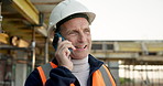 Phone call, happy man and construction worker with communication from foreman for development. Scaffolding, tech or talk to contractor with update, renovation or mature engineer outdoor at site