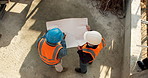 People, engineer and document at site for construction, blueprint and safety check for architecture. Above, team or reading floor plan for design, quality control and progress of building development