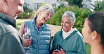Fitness, trainer or old people in park with laugh, cardio break or bonding together in workout hobby. Happy, coach or senior friends with funny joke, connection or recovery in retirement training.