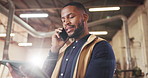Carpentry, black man and tablet with phone call in warehouse for planning, schedule or flare. Communication, workshop and digital app with person in woodworking factory for online agenda or inventory