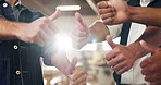 Hands, thumbs up and people in factory for team agreement, vote or feedback for service. Group, collaboration and gesture for positive review, yes or like with flare in workshop for trade or industry