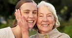 Support, old woman or grandchild outdoor with face, security or bonding together on weekend break. Portrait, grandmother or family with smile, connection or happy moment in loving relationship.