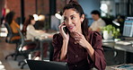 Businesswoman, laptop and talk in office with phone call, data report and financial analyst advice. Coworking, mature person and conversation with tech for contact, graphs and finance stats opinion.