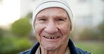 Wellness, face or old man in backyard with laugh, fresh air or positive attitude on weekend break. Confidence, space or elderly person with happy moment, outdoor unwind or good mood in retirement.