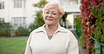 Wellness, face or old woman outdoor with smile, fresh air or positive attitude on weekend break. Confidence, portrait or elderly person with happy moment, backyard unwind or good mood in retirement.
