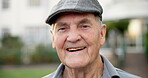 Wellness, face or old man outdoor with smile, fresh air or positive attitude on weekend break. Confidence, space or senior person with happy moment, backyard unwind or good mood in retirement.