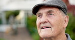 Thinking, old man and daydream with smile, outdoor and contemplating on break and thoughts at house. Retirement home, choice and senior person with nostalgia, remember or happy with memory on weekend
