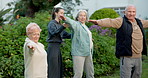 Stretching, coach and fitness with senior people outdoor together with help, balance and health. Women, man and exercise with happy group for retirement community, wellness and workout in nature