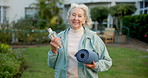 Senior, face and fitness with happy woman in garden for outdoor exercise, health or wellness. Portrait, elderly or female person with smile, water or yoga mat for mindfulness or workout in retirement