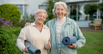 Face, senior or fitness with women in garden for outdoor exercise, health or wellness together. Portrait, elderly or female people with smile, hug or yoga mat for friendship, awareness or mindfulness