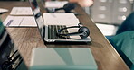 Empty, desk and laptop with headset for call center, communication and contact us for customer service. Help, advice and workspace with computer, audio technology and client support with telecom
