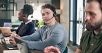 Call center, man and portrait with coworkers in office, contact us and laptop for help desk. Male person, coworking and smile at pc for online advice, customer support and telecom in workplace