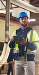 Carpenter, man and inspection in factory with tablet, monitor operations and woodwork manufacturing. Supervisor, person and check production in workshop with tech, carpentry and project management.
