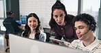 Coach, agent and team with tablet in call center for virtual assistance or online guidance. People, mentor or training consultant with technology, advice or help for customer service in workplace