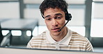 Computer, talking or man in call center for telemarketing, premium benefits or insurance sales. Tech, person or telesales agent with headset to explain coverage options, policy offer or communication