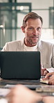 Meeting, office and man on laptop for planning, financial review and feedback for investment. Manager, computer and person with online report for finance, discussion and research for budget proposal