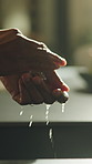 Washing, hands and person with water, soap and faucet for hygiene, wellness and germ protection. Home, sink and man with liquid, foam and cleaning for disinfection, bacteria prevention and health