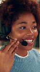 Talking, happy and black woman with headset in home for tech support, help and virtual assistance. Smile, contact us and African person with mic for online consulting, crm service and advice for wfh