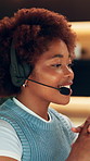 Talking, remote work and woman with mic for customer support, contact us and virtual assistance. Wfh, happy and African person with headset for online consulting, crm service and advice in home