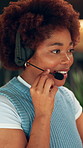 Headset, talking and woman for remote work with customer support, contact us and virtual assistance. Wfh, happy and African person with mic for online consulting, crm service and faq help in home