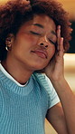 Fatigue, headache and black woman in office at night with deadline for creative project with mistake. Stress, migraine and magazine editor with frustration for online article with bad news at agency.