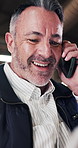 Carpenter, phone call and happy man with tablet in workshop, project management or chat with contact. Carpentry, artisan and mature person with technology, talking and update with mobile in factory