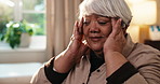 Stress, headache and old woman in house with fatigue, contemplation and high blood pressure symptoms. Tired, senior person and thinking in home with pain, health condition and hypertension migraine.