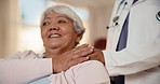Doctor, old woman and shoulder touch for care in home, health support and speaking at homecare visit. Medical worker, comfort and happy person with trust, helping hand and empathy in retirement