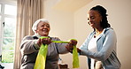 Physiotherapist, guide and old woman in clinic with resistance band, discussion and wellness advice. Happy, senior person and talk with physical therapist for mobility exercise, fitness and support.