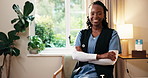 Crossed arms, black woman and face of physiotherapist in clinic with confidence for medical service. Happy, physical therapy and portrait of healthcare worker with pride for job opportunity in office