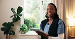 Caregiver, face and woman with tablet in nursing home, healthcare service or patient records on web. Happy, medical professional and black person with technology for treatment plan or assisted living