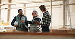 Carpenter, team and discussion with clipboard for manufacturing, furniture design or inspection. Production, woodwork or planning with men in factory for joinery project, tablet or quality control