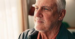 Thinking, happy and senior man in home with reflection, memory or nostalgia for retirement. Smile, relax and elderly person in living room with decision, choice or planning pension in apartment.