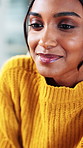 Woman, thinking and smile in office for editor, article planning and reading with source. Professional, journalist person and idea with creative agency for schedule, story feedback and contact
