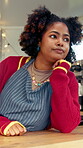 Bored, thinking and waiting with woman at coffee shop for hospitality, service or small business. Annoyed, impatient and low energy with thoughtful barista in cafe or restaurant for startup venture
