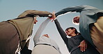 Below, fitness and high five with mature friends outdoor together for support or teamwork. Blue sky, health and wellness success with group of happy people in circle for goals, milestone or target