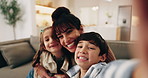 Mom, kids or sofa with selfie in home for picture, capture moment or memory together. Portrait, mother or children with smile for photography, social media or connection on living room couch in house