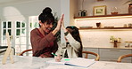 Mother, daughter and writing with high five for homework, learning goals or child development in home. Woman, kid and celebration in house with school task, smile and parent motivation for education.