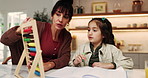 Mother, child and teaching in home with abacus, homework discussion and learning math for development. Woman, talk and daughter in house with counting tool, school assessment and help for education.