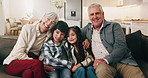 Support, grandparents and children in home with face, childcare or bonding together on weekend break. Smile, portrait or family with embrace, caring relationship or happy moment in loving connection.