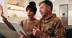 Tablet, talking and mature couple on home couch with internet connection, discussion and renovation. Man, woman and tech on living room sofa for planning, interior design app or remodelling vision
